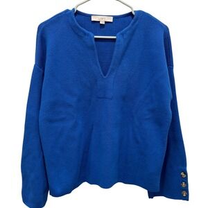 Loft‎ Womens Royal Blue 100% Cotton Notched V-Neck Sweater Button Cuff Medium